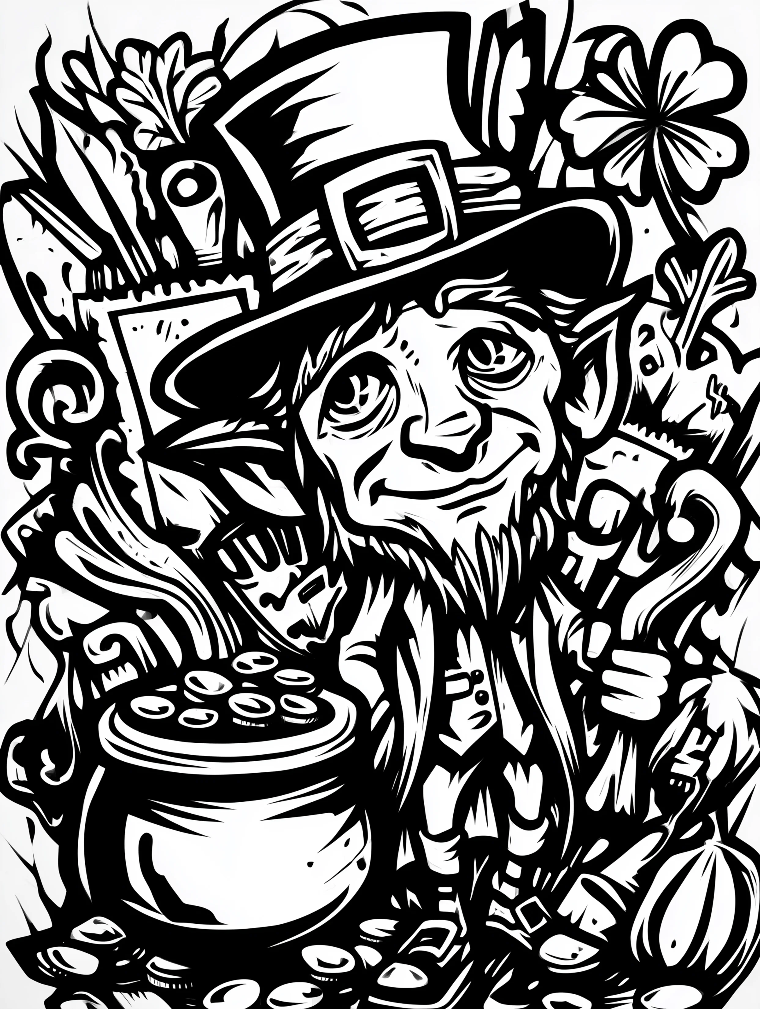 Free printable St Patricks Day coloring page for adults featuring a leprechaun guarding gold